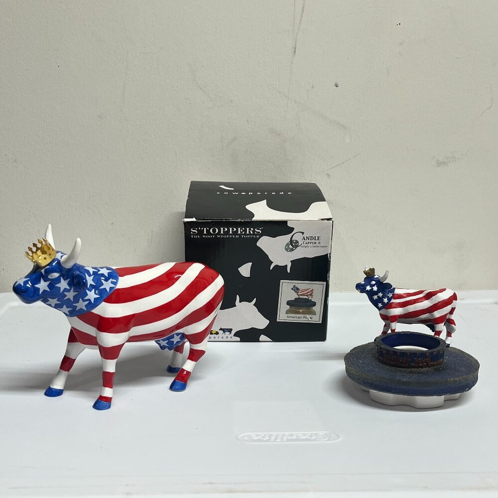 Cow Parade Figurine “American Royal” #9189 + Matching Candle Capper USA Flag
